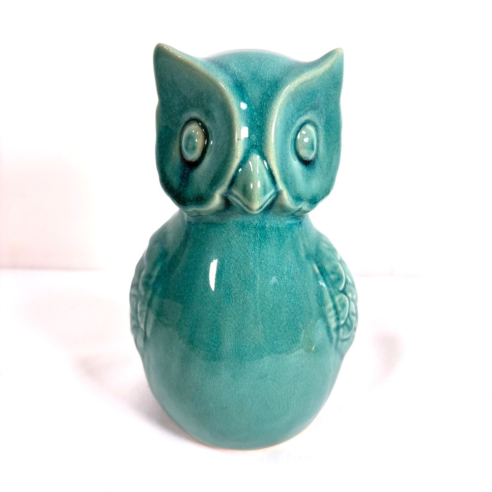 Vintage Ceramic Owl Figurine Teal Turquoise Crackle Glaze Mid Century Modern 7"
